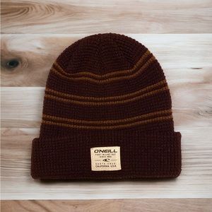 O’Neill Crocheted Knit Beanie, Unisex, Brown/Burgundy/Orange. Vintage-ish, Used.